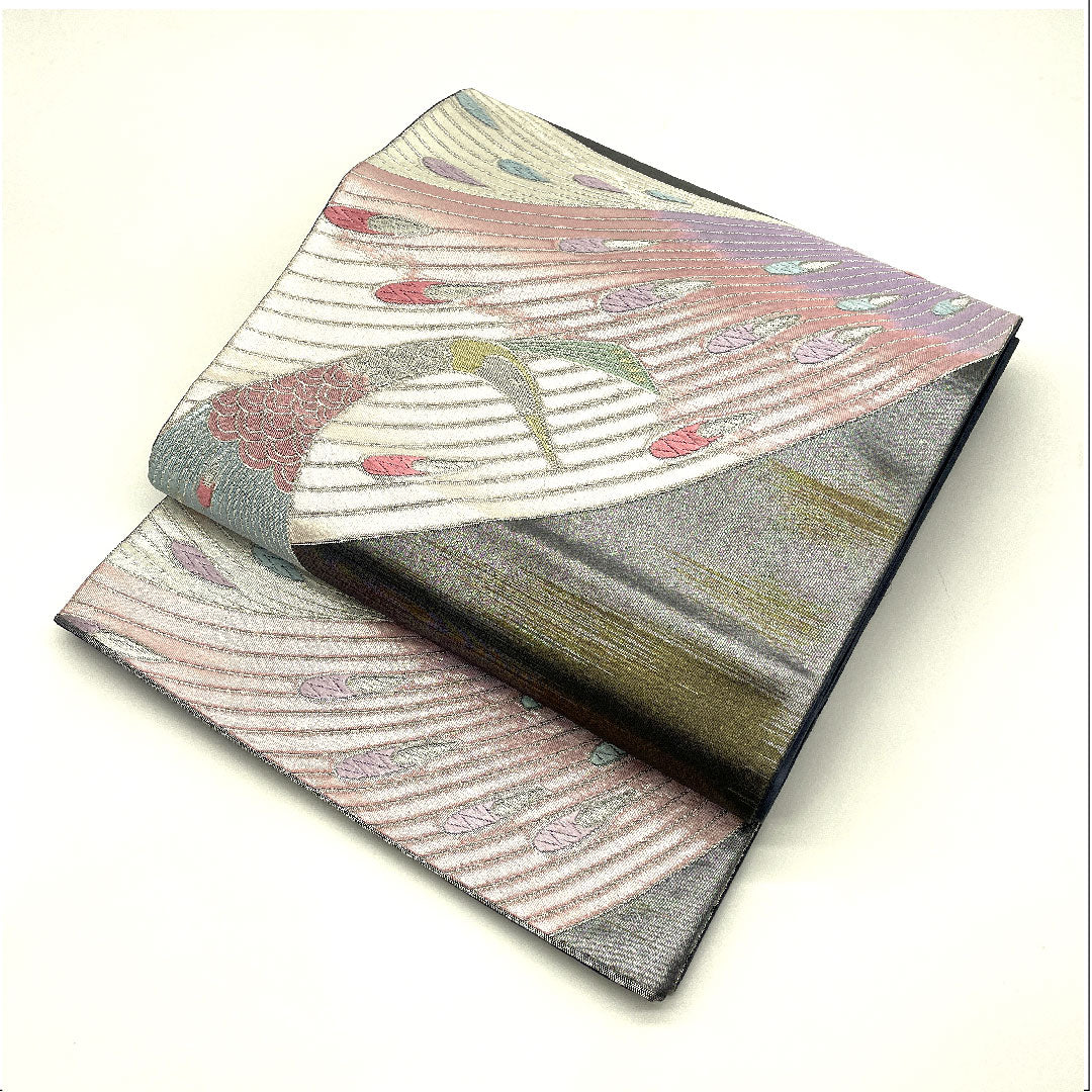 袋帯 振袖用 孔雀 帯丈422cm 正絹 Aランク 六通 フォーマル グレー系 1123004063322