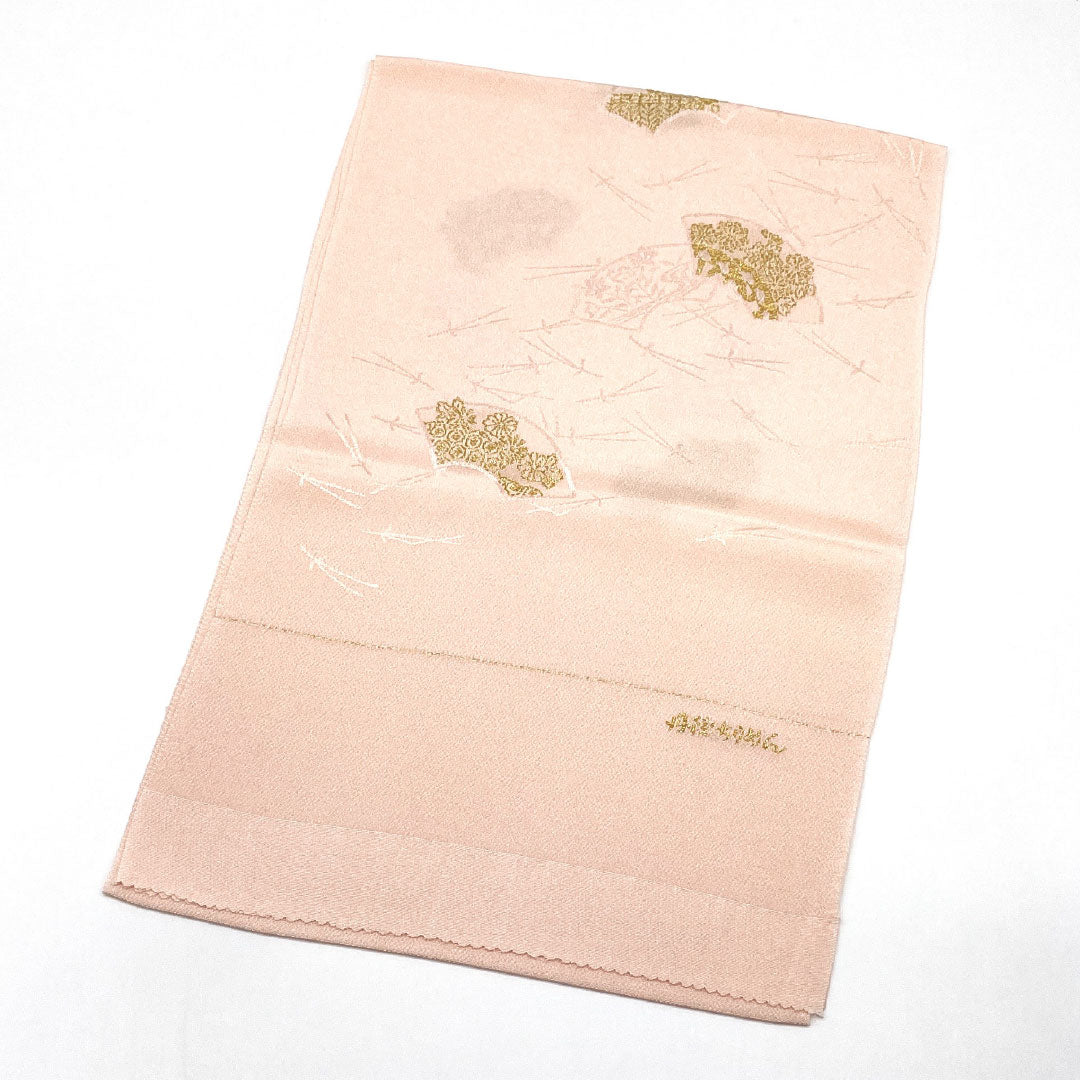 (Like New) Semi-Formal Silk Obiage (Otomeiro) with a Fan and Pine Design, Tango Chirimen Fabric, Length: Approx. 178cm, Width: Approx. 29cm, Pink, Product Number: 1136001211913