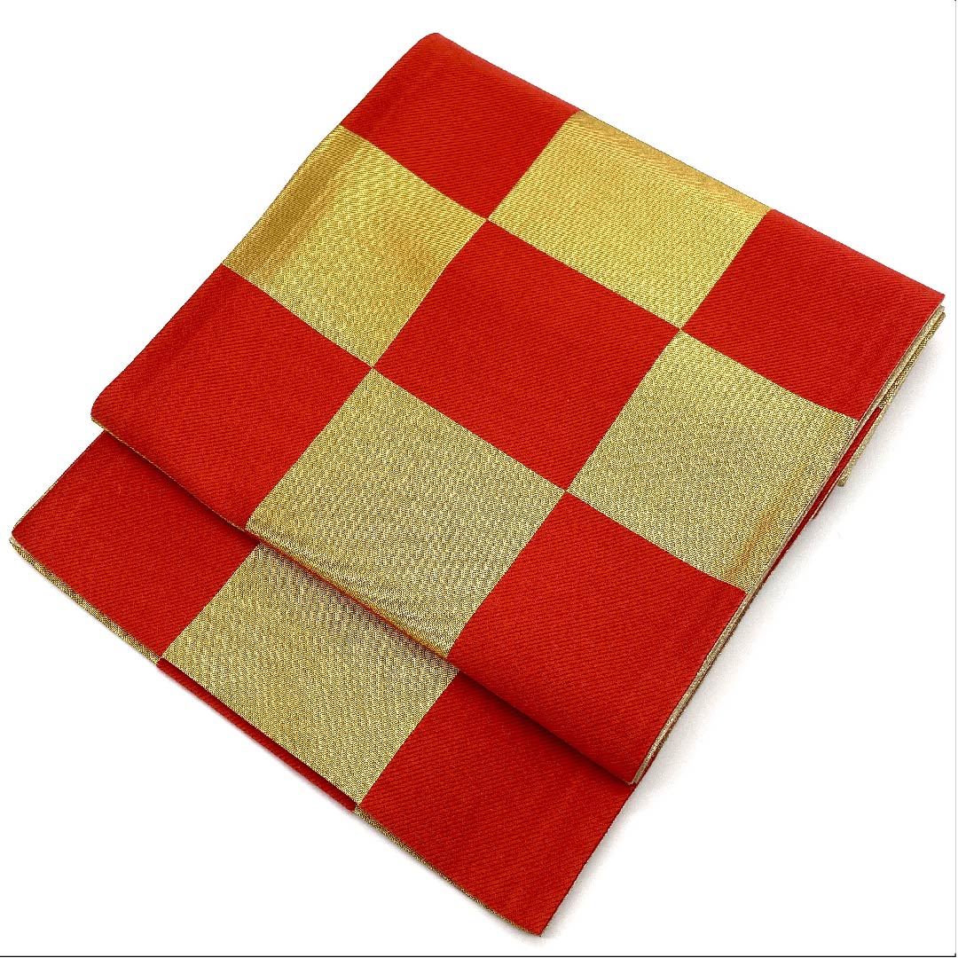 袋帯 金色 振袖用 市松 帯丈432cm 正絹 Aランク 六通 フォーマル 金系 1123006453321