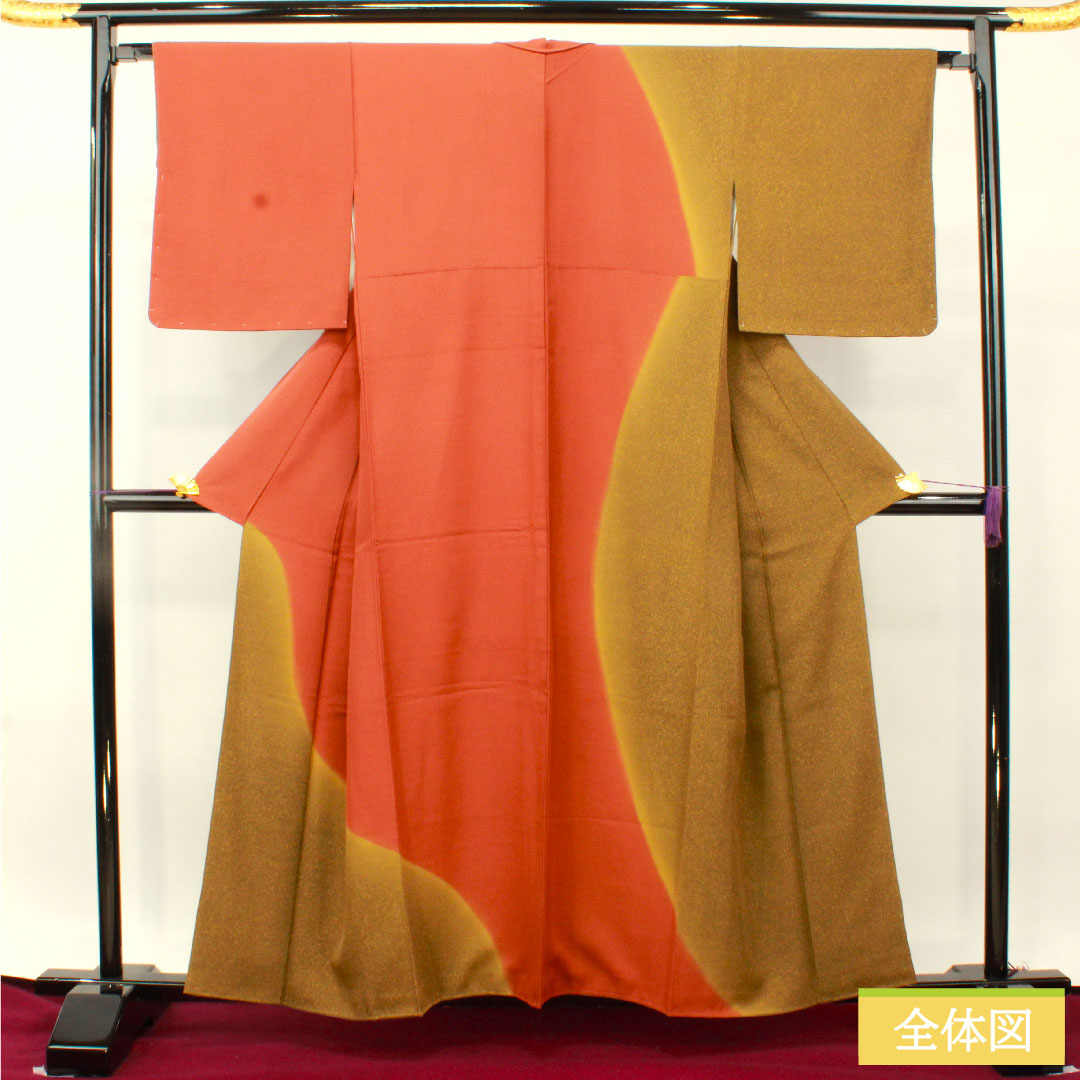 Homongi (formal kimono) made of pure silk, lined, length 158.5cm, sleeve length 65.5cm, sea pine brown, scarlet copper, tapped dye, S rank, gradation style, 1112004832399
