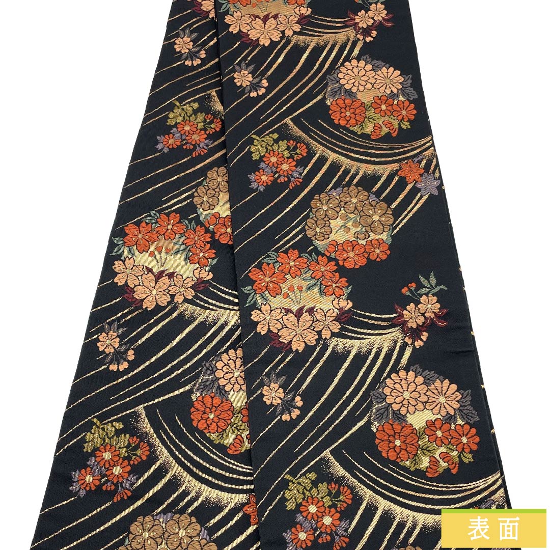 半幅帯 ポリエステル Sランク 黒色(くろいろ) 花柄 芝草 広幅 帯丈345cm 黒系 1125003482310