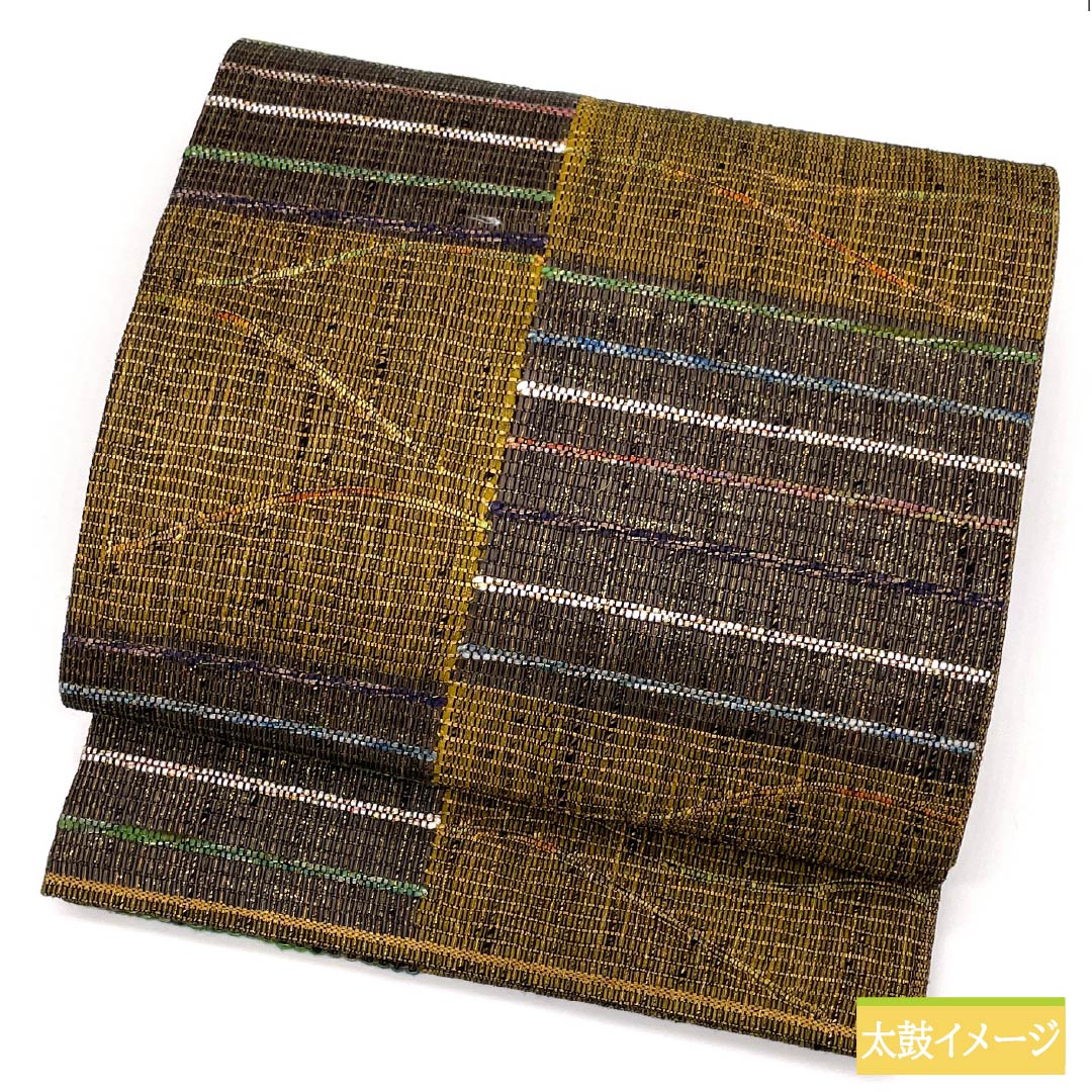 袋帯 正絹 黄橡色(きつるばみいろ) 市松 横縞 帯丈448cm Sランク 六通 カジュアル グラデーション系 1123012492399