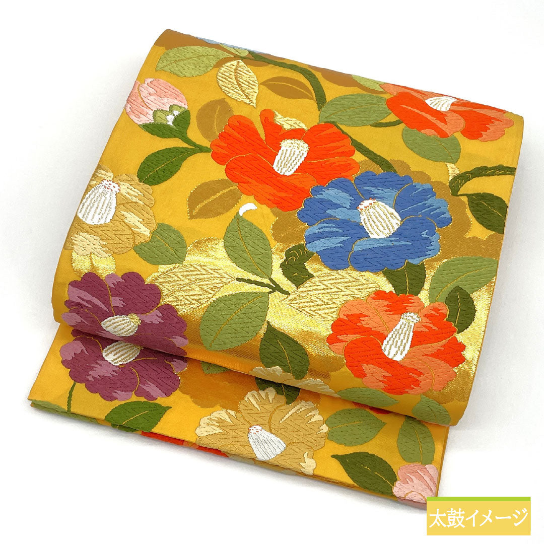 袋帯 正絹 Sランク 黄支子色(きくちなしいろ) 西陣織 唐織 椿 帯丈424cm 六通 フォーマル 黄系 1123017062323