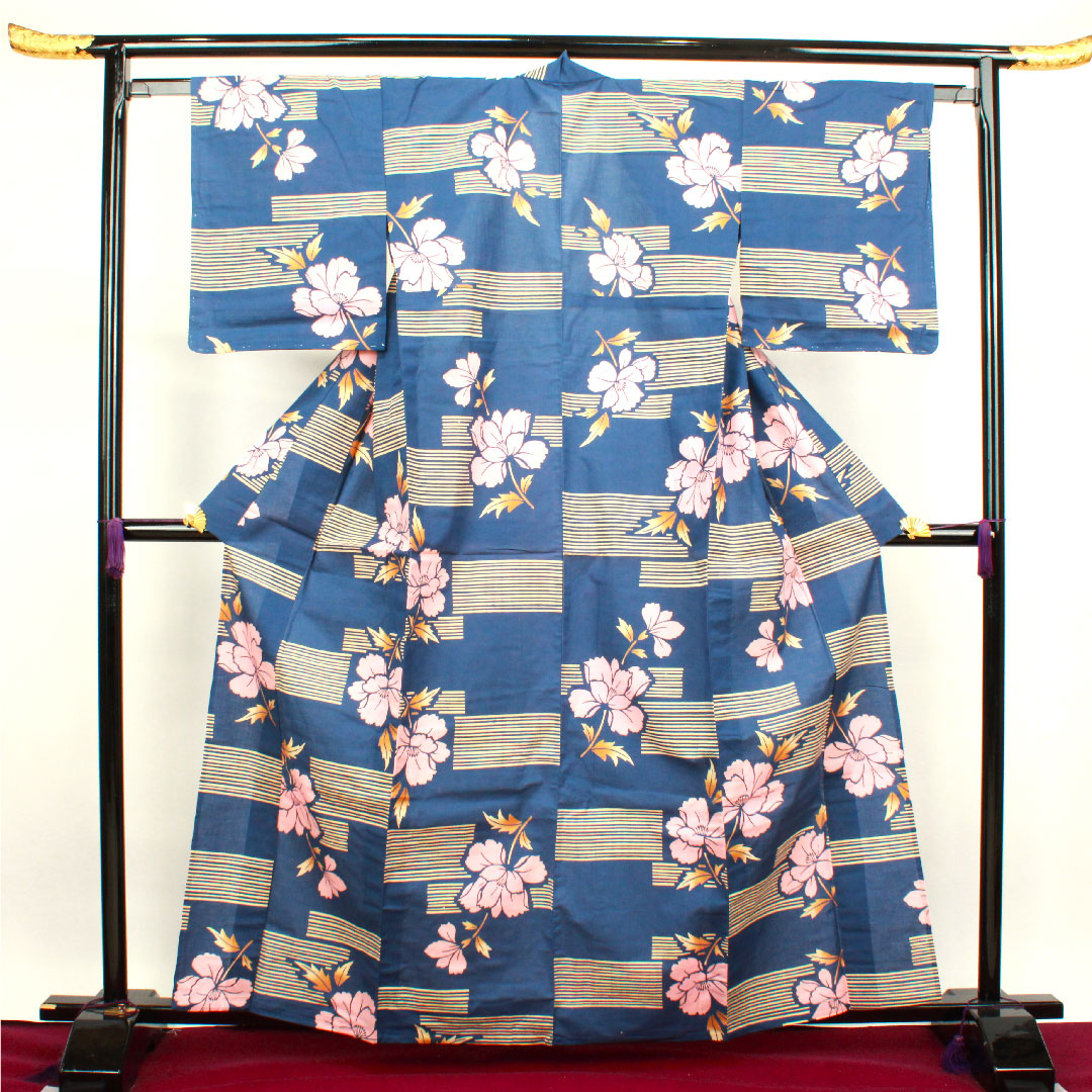浴衣 濃二藍色 草花模様 木綿 Sランク 単衣 身丈163.5cm 裄丈64cm 紺系 1118001822418