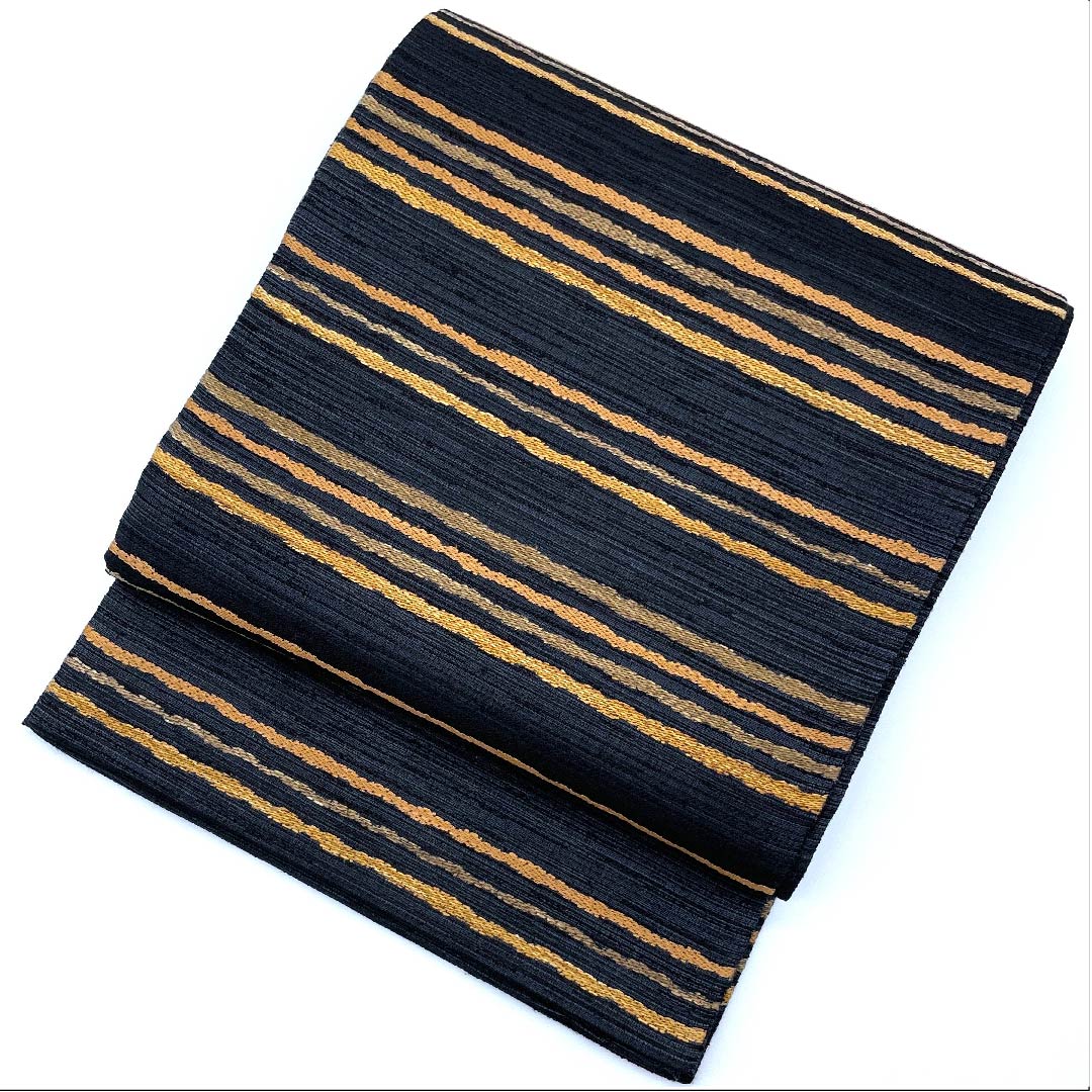 袋帯 黒色 横段 帯丈446cm 正絹 Sランク 六通 カジュアル 黒系 1123007802310