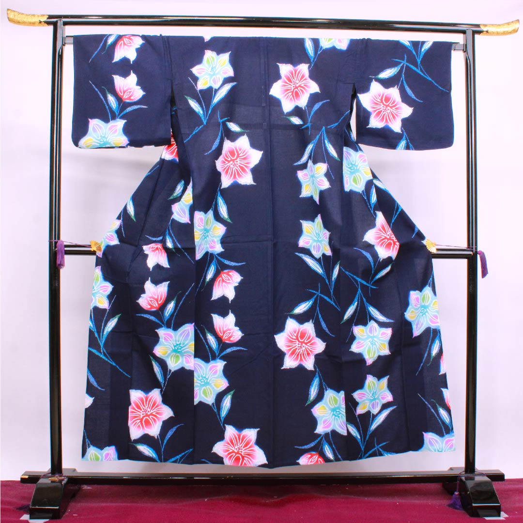浴衣 濃紺色 花模様 木綿 Sランク 単衣 身丈154.5cm 裄丈69.5cm 紺系 1118004362218