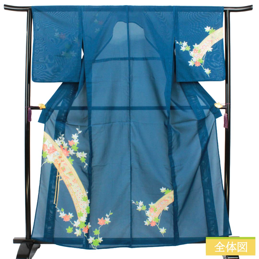 夏物 ポリエステル 付下げ Aランク 身丈163.5cm 裄丈63cm 深縹色(ふかきはなだいろ) 古典柄 洗える着物 絽 青系 1132005263417