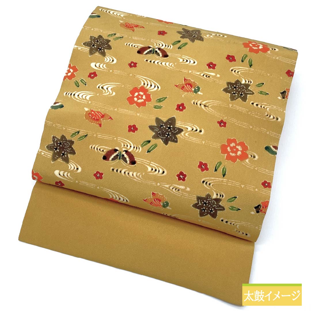 名古屋帯 土布色(トウプースーいろ) 京紅型 蝶 紅葉 帯丈352cm 正絹 Aランク 六通 カジュアル 黄系 1124006563323 名古屋仕立て