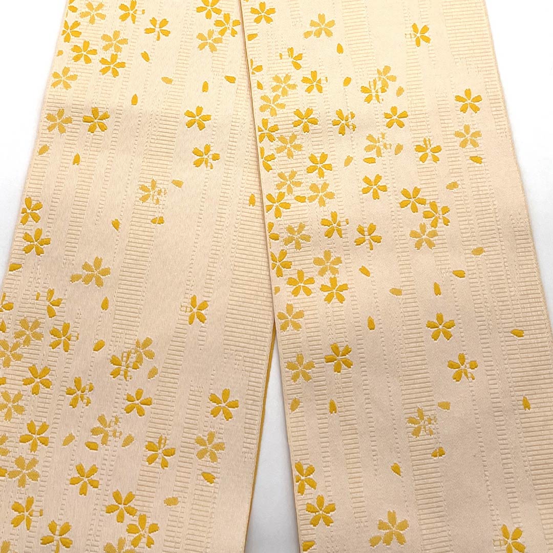 リサイクル着物】半幅帯 ポリエステル 練色（ねりいろ） 桜 浴衣用 