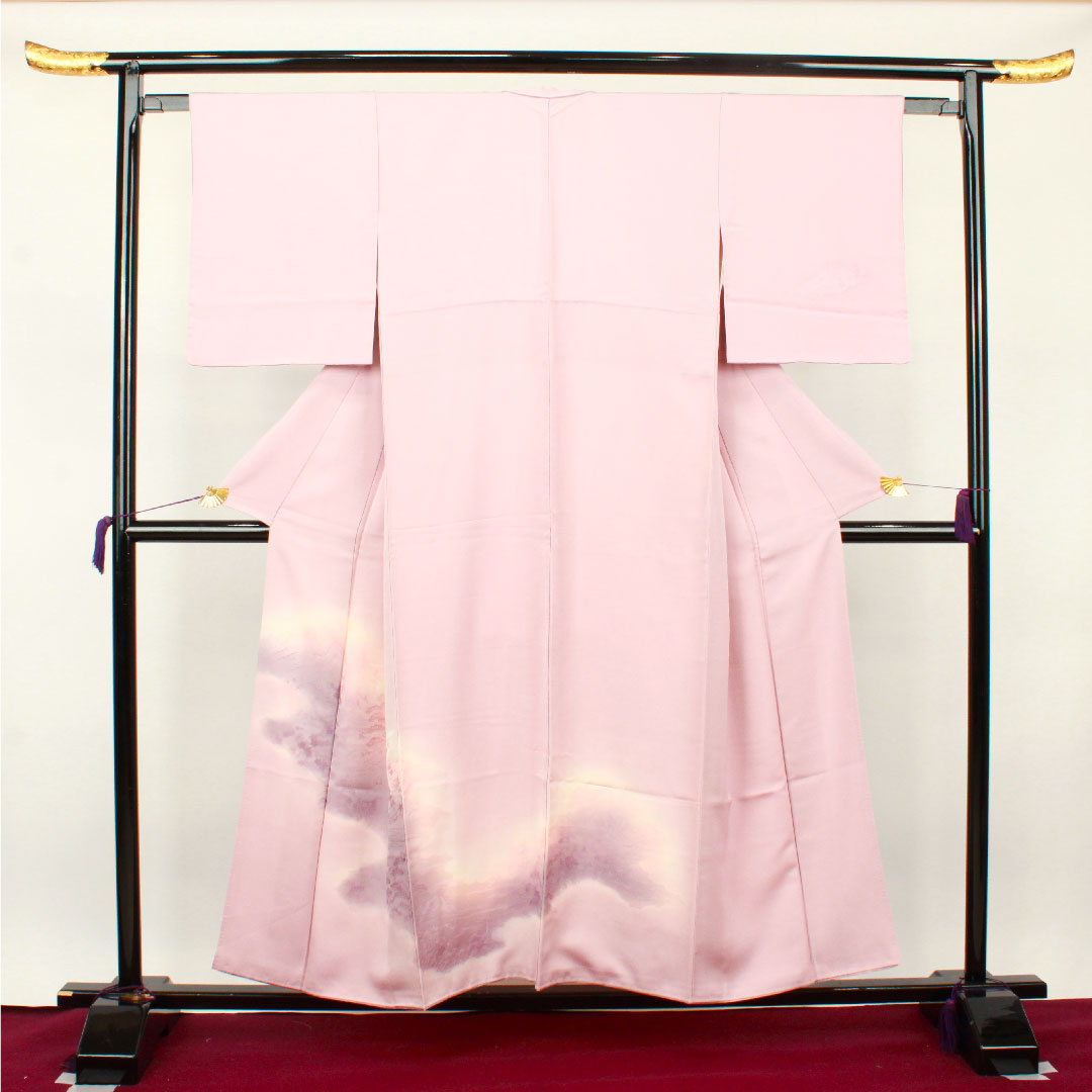 訪問着 袷 身丈153.5cm 裄丈61.5cm 帯紅色 風景模様 ボカシ染 正絹 Sランク ピンク系 1112002202213