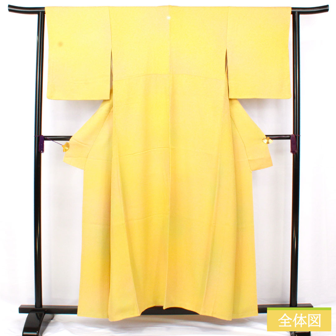 色無地 正絹 身丈156cm 裄丈63cm 一つ紋 丸に四ツ目菱 袷 Sランク 黄系 1114001922323