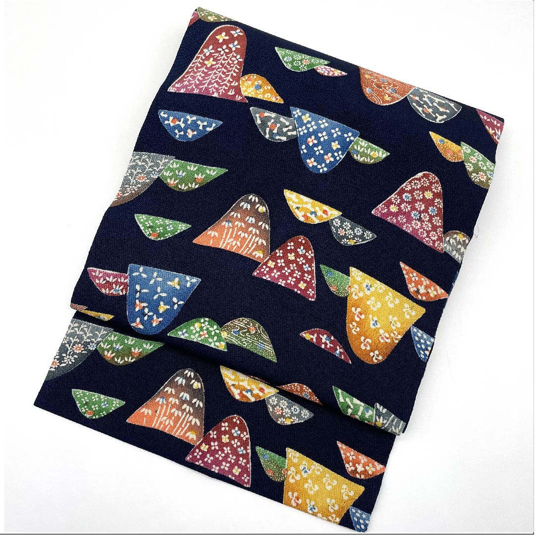 名古屋帯 鉄葡萄色 型染 京紅型 山 帯丈341.5cm 正絹 Sランク 全通 カジュアル 紺系 1124004972318 名古屋仕立て