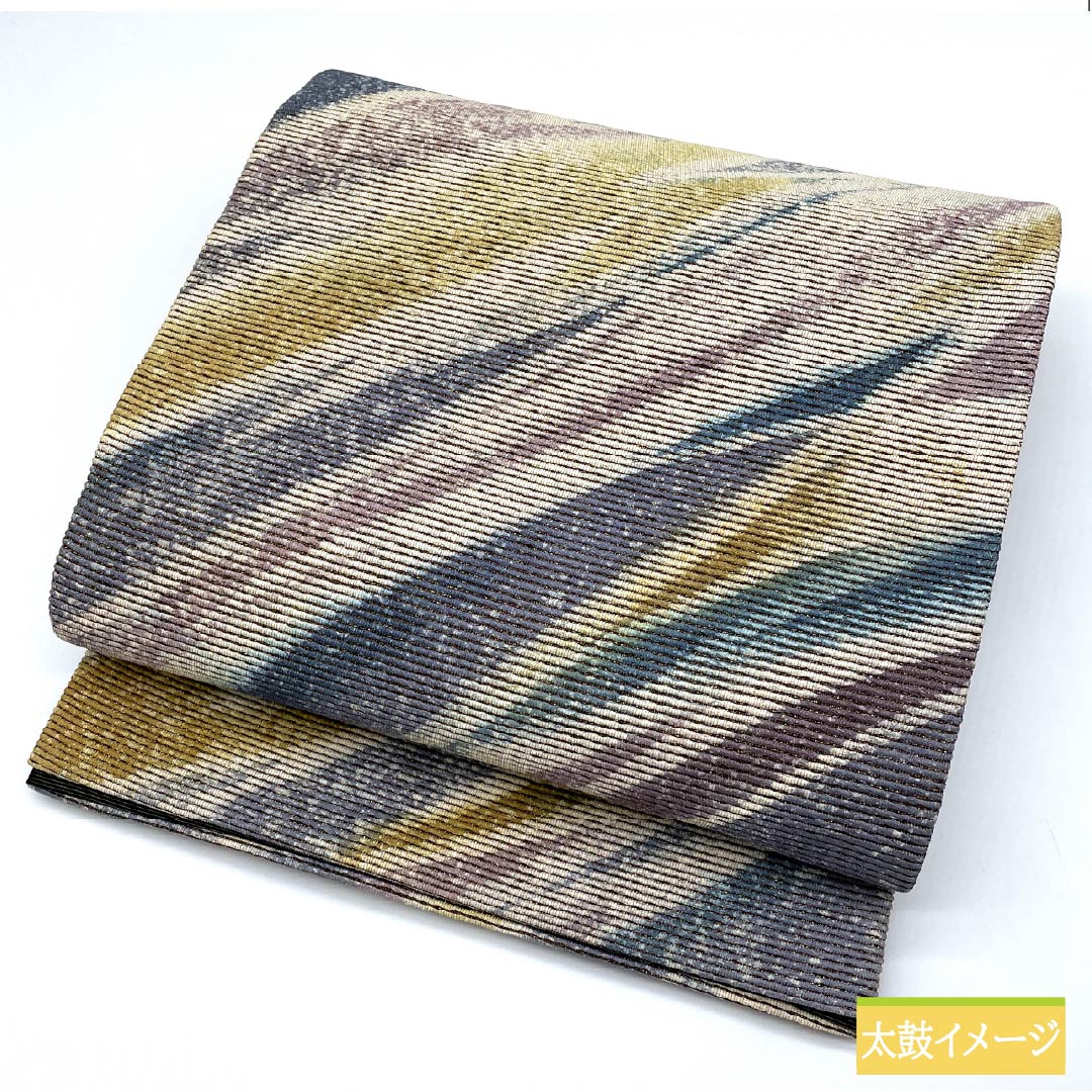 袋帯 正絹 錆鼠色(さびねずいろ) 西陣織 抽象模様 金糸入り 帯丈442cm Sランク 六通 セミフォーマル 青系 1123012692317