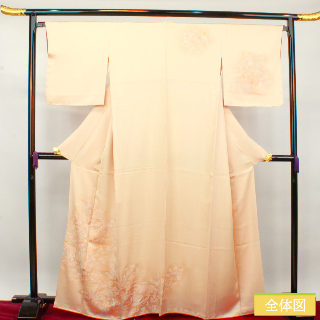 訪問着 正絹 袷 身丈164.5cm 裄丈66.5cm 薄肉色 京友禅 草花模様 丹後ちりめん Sランク 橙系 1112003502426