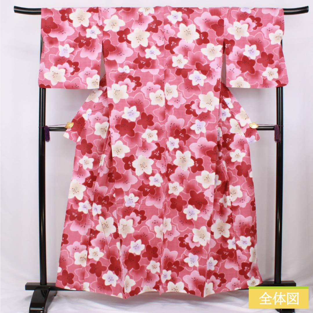 浴衣 木綿 身丈158.5cm 裄丈68.5cm Sランク 単衣 ピンク系 桃紅色(とうこうしょく) 花 1118006452313