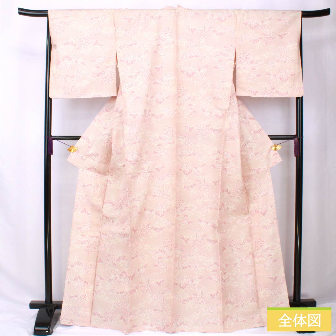 紬 正絹 身丈169.5cm 裄丈67cm 浅蘇芳色(あさきすおういろ) 風景模様 Sランク 単衣 ピンク系 1116003822513