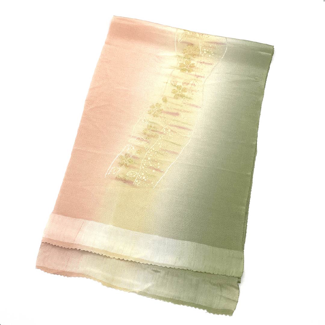 帯揚げ ちりめん セミフォーマル 東雲色(しののめいろ) 利休茶色(りきゅうちゃいろ) 桜 花柄 長さ約176cm 幅約31cm Sランク 緑系 1136000332919