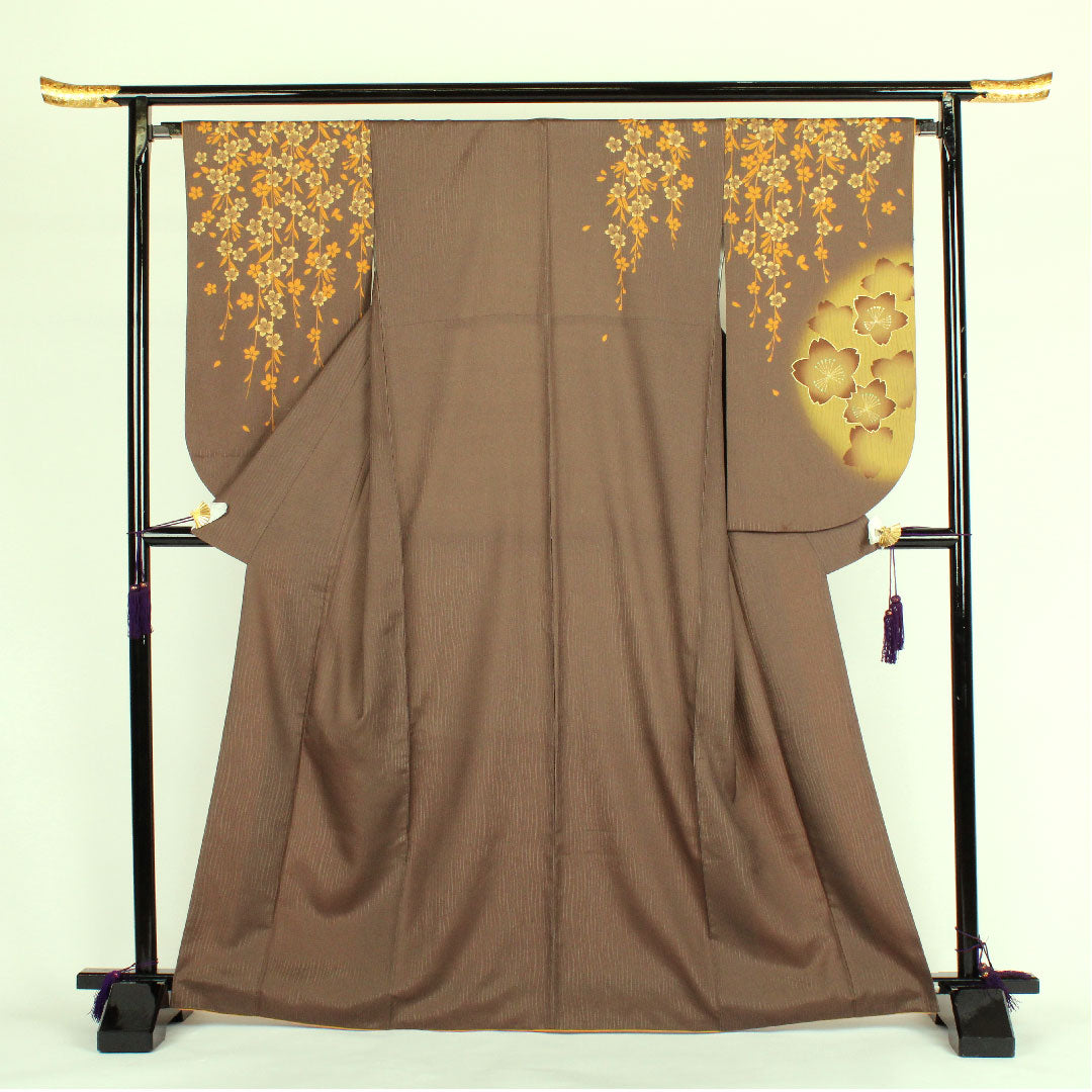 訪問着 ポリエステル 袷 身丈167cm 裄丈67cm 洗える着物 桜 Aランク 茶系 1112000393514