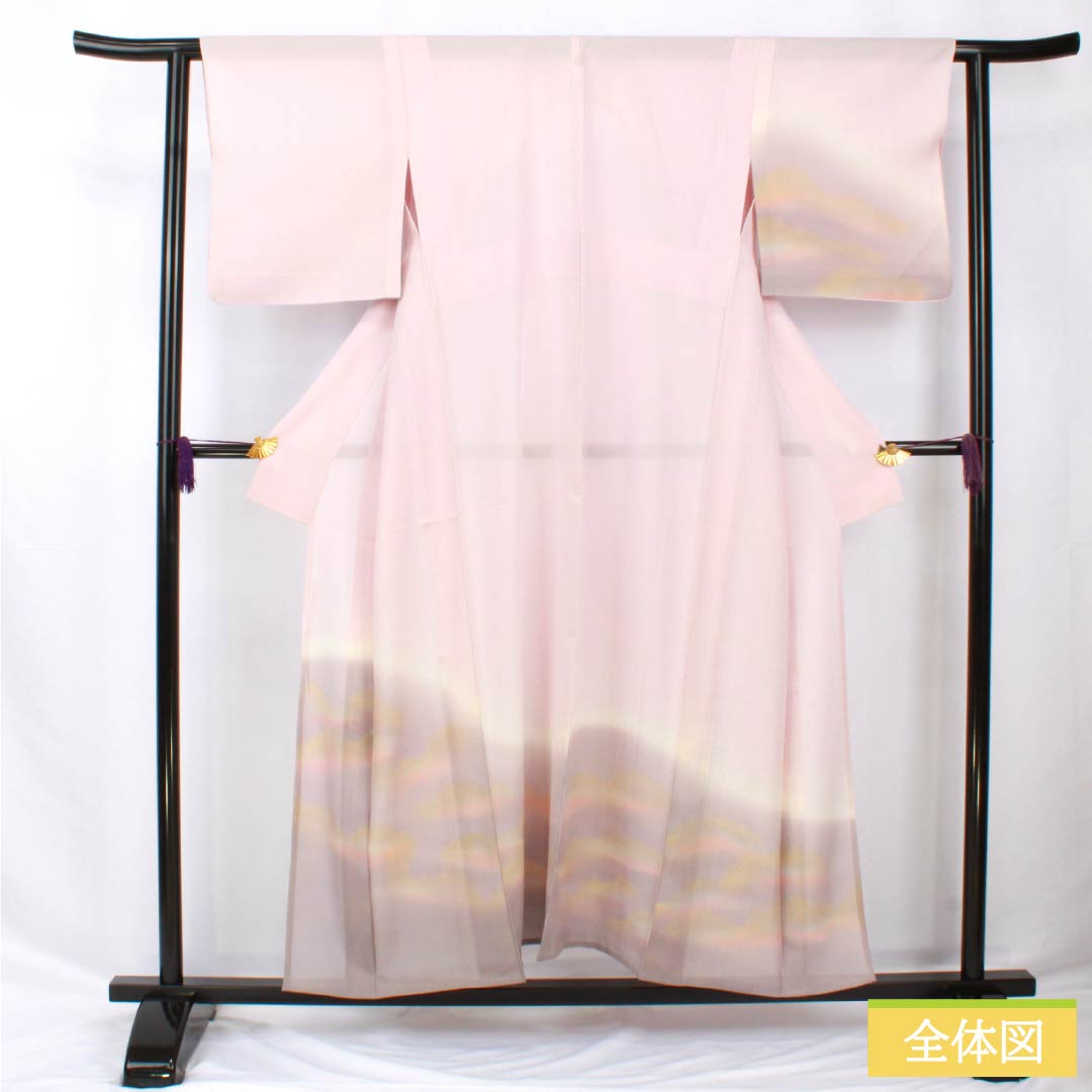 Summer pure silk formal kimono, length 153cm, sleeve length 61.5cm, cherry blossom color, Kyoto Yuzen, one crest, circle with tangerines, silk, B rank, pink, 1132002194213