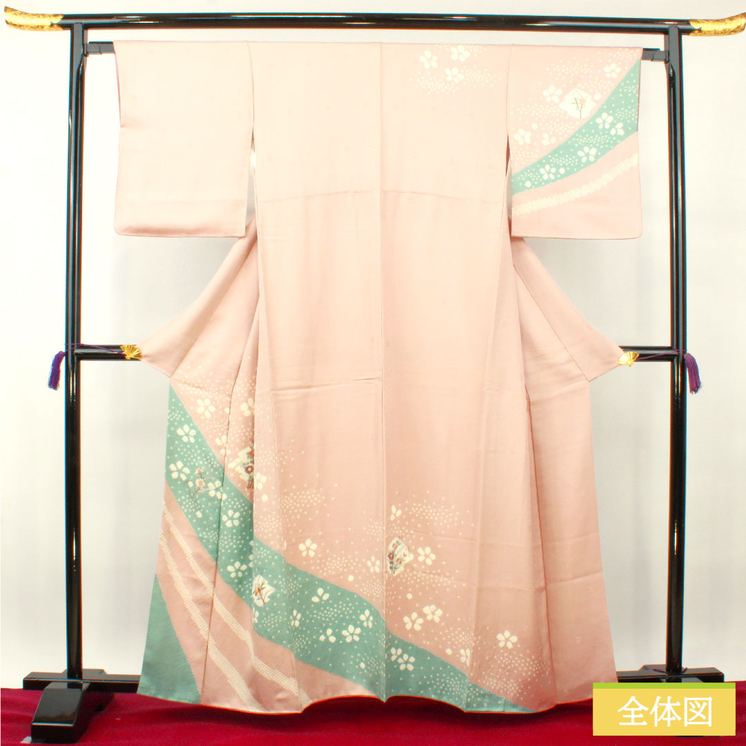 訪問着 正絹 袷 身丈159.5cm 裄丈65cm 退紅色 刺繡 部分絞り 花柄 Sランク ピンク系 1112003732313