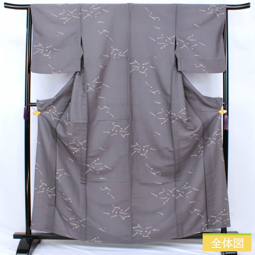 Polyester Komon, S-rank, Length 163cm, Sleeve-to-sleeve 65.5cm, Unlined, Nezumi-shino color (grayish brown), Katazome Pine, Bamboo and Plum, Washable Kimono, Gray tones, 1115007942422