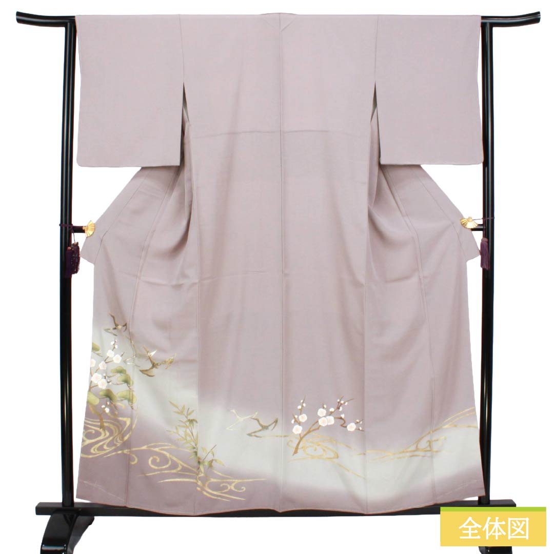 色留袖 正絹 Sランク 身丈157cm 裄丈64cm 袷 灰桜色(はいざくらいろ) 京友禅 鶴 松竹梅 流水 金彩加工 紋なし 紫系 1111002212320
