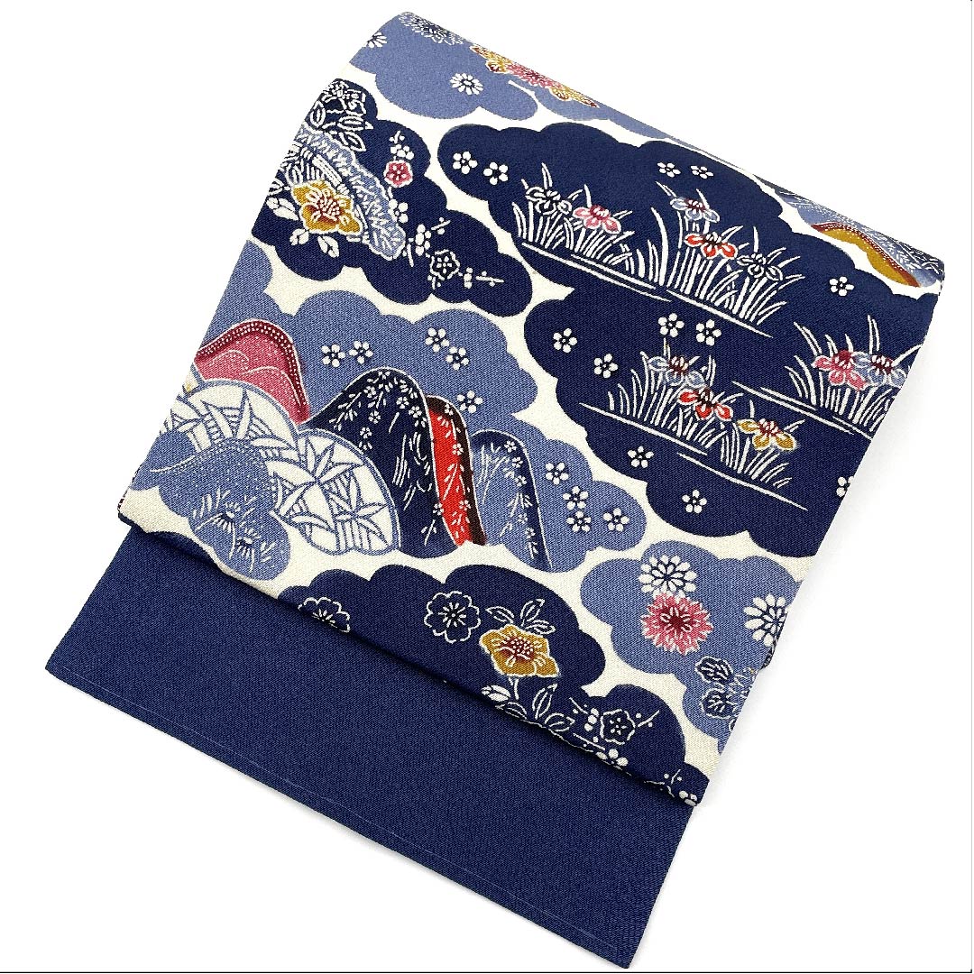 名古屋帯 韓藍色 草花模様 ちりめん地 帯丈337cm 正絹 Bランク ポイント柄 カジュアル 青系 1124004522317 名古屋仕立て