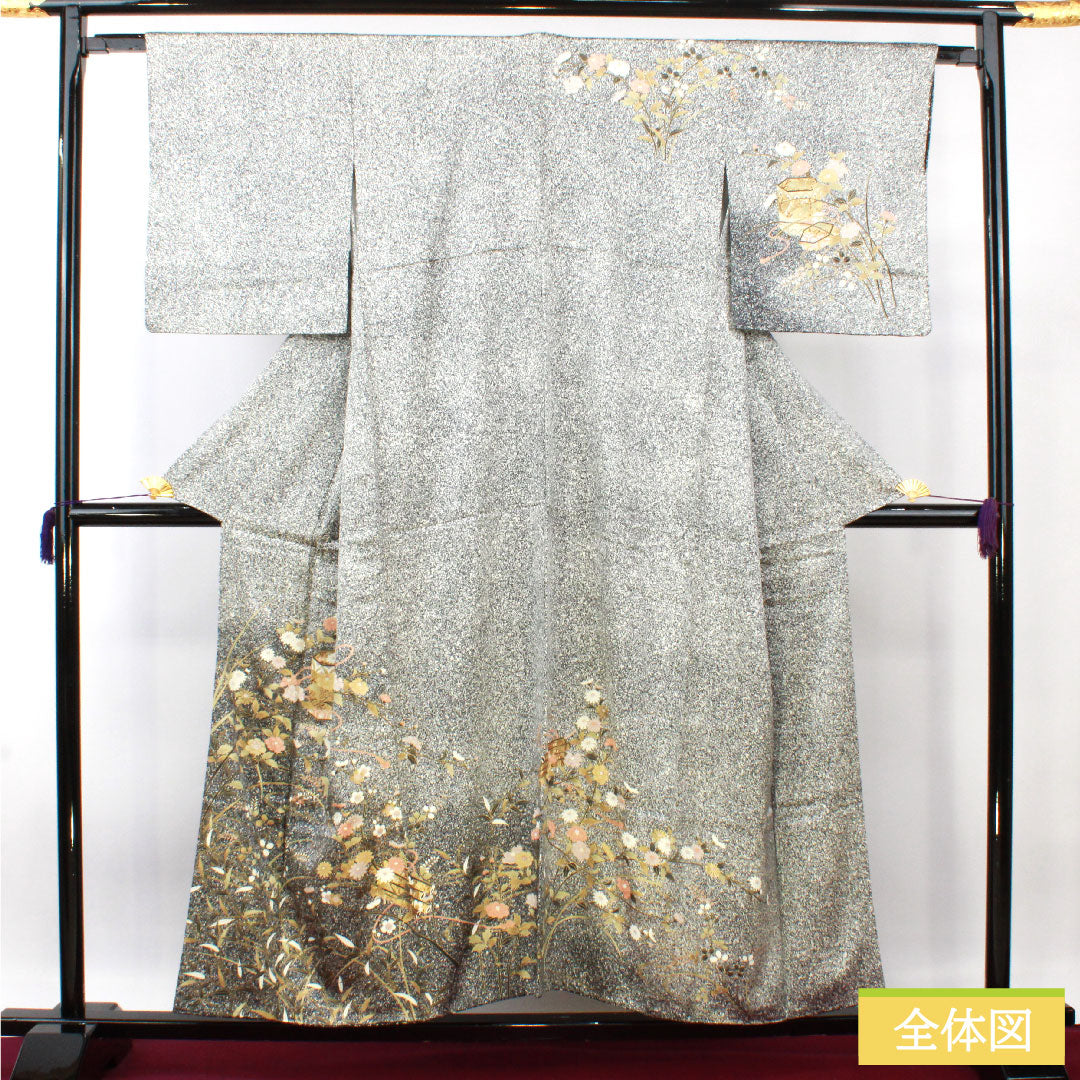 訪問着 正絹 袷 身丈155cm 裄丈62.5cm 京友禅 タタキ染 草花模様 Sランク モノトーン 1112004412327