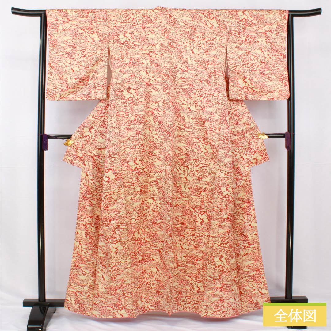 小紋 正絹 身丈162cm 裄丈63cm 袷 東京白茶色(とうきょうしらちゃいろ) 線描き風景画 風景 Sランク クリーム系 1115005222415