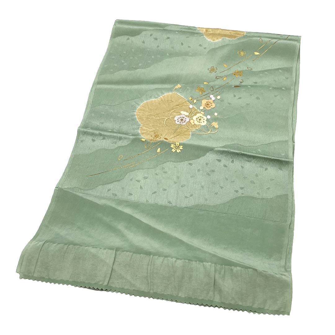 帯揚げ 正絹 Aランク セミフォーマル 青磁色(せいじいろ) 古典柄 桜 絞り 長さ約165cm 幅約29cm 緑系 1136005023919