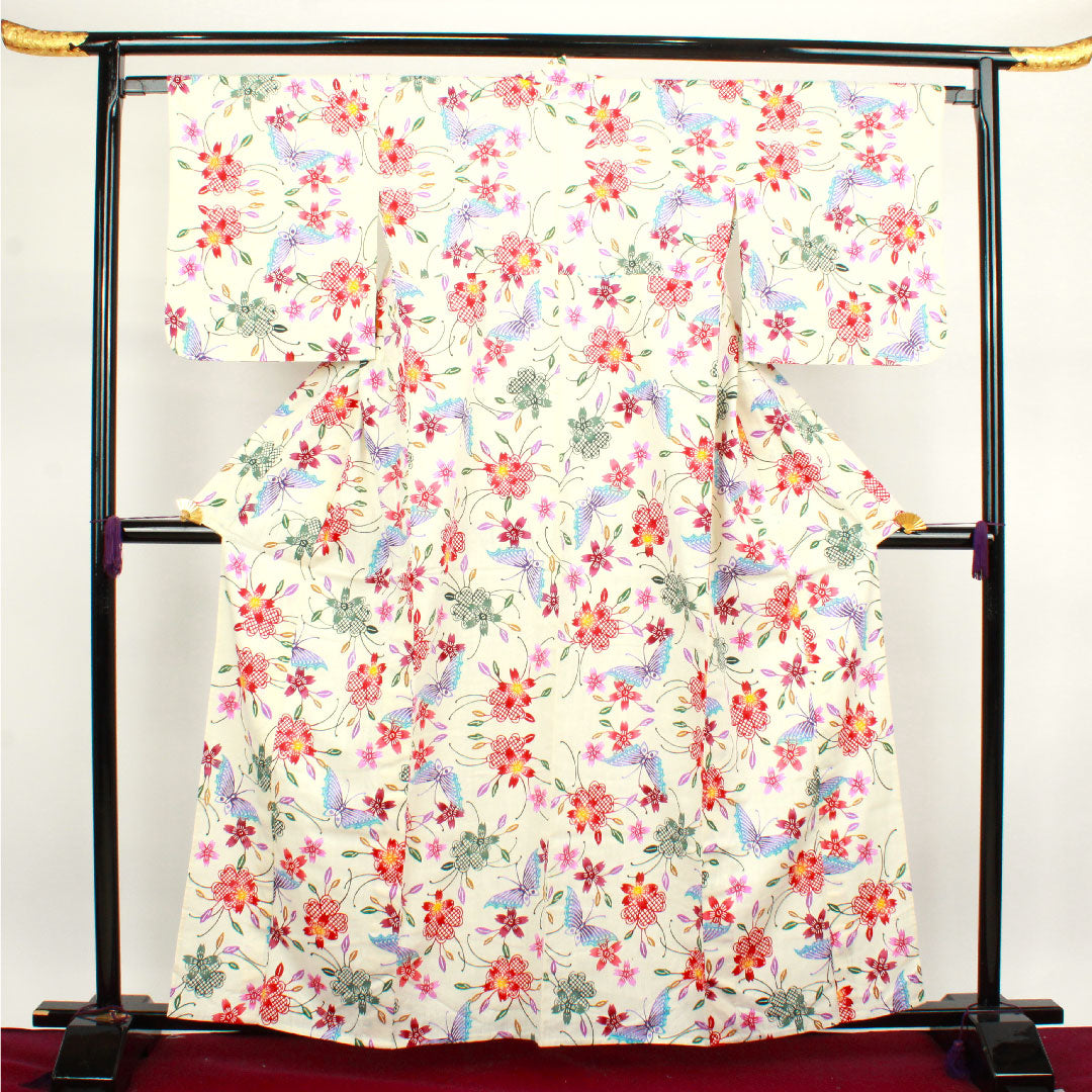 浴衣 しつけ糸付き 未使用品 乳白色 型染 綿麻 Sランク 単衣 身丈162cm 裄丈66cm クリーム系 1118002022415