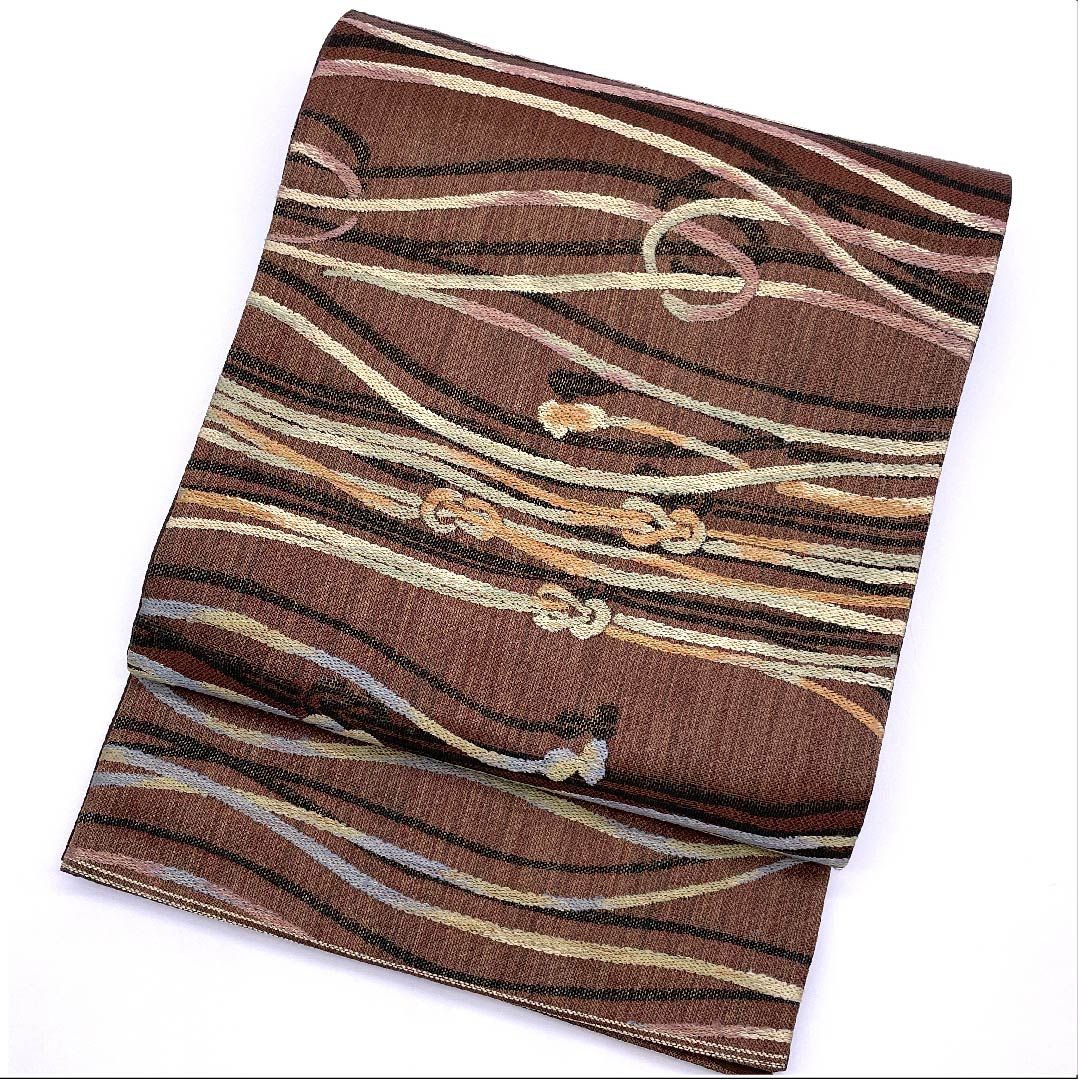 袋帯 焦色(こがれいろ) 組紐柄 帯丈441cm 正絹 Sランク 六通 カジュアル 茶系 1123009312314