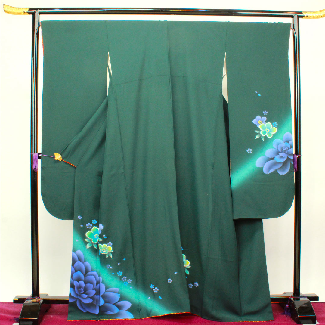 振袖 身丈165cm 裄丈70cm 袷 鉄色 京友禅 花模様 正絹 Aランク 緑系 1113001563519