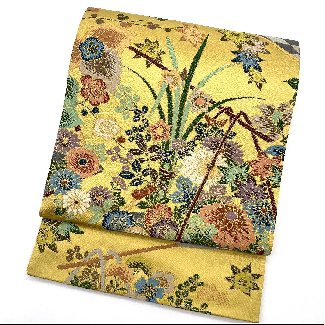 袋帯 黄唐紙色(きからかみいろ) 白綾苑大庭 花籠 帯丈449cm 正絹 Sランク 六通 フォーマル ベージュ系 1123009462325