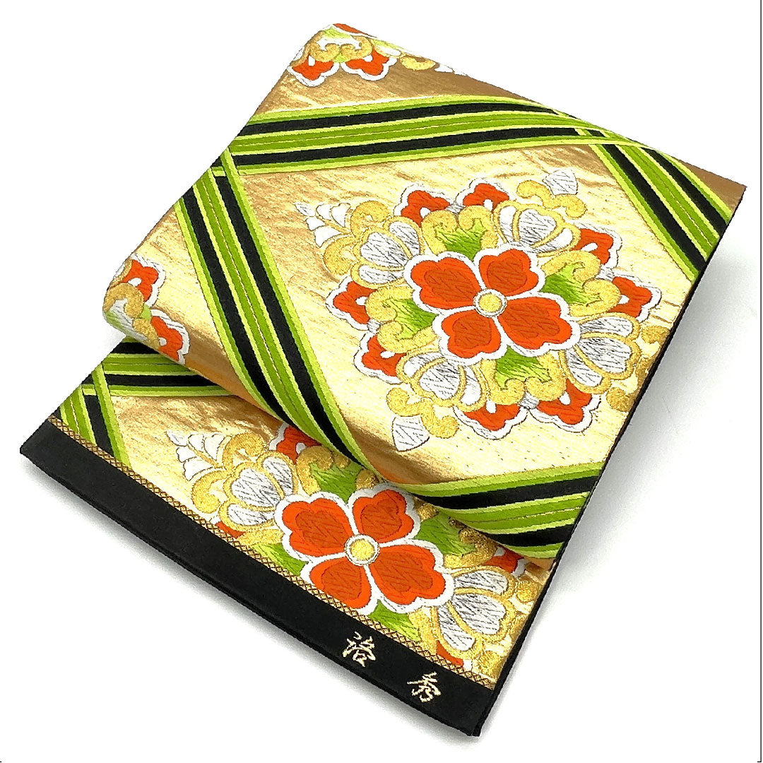 袋帯 華文模様 振袖用 帯丈424cm 正絹 Aランク 六通 フォーマル 金系 1123003423321