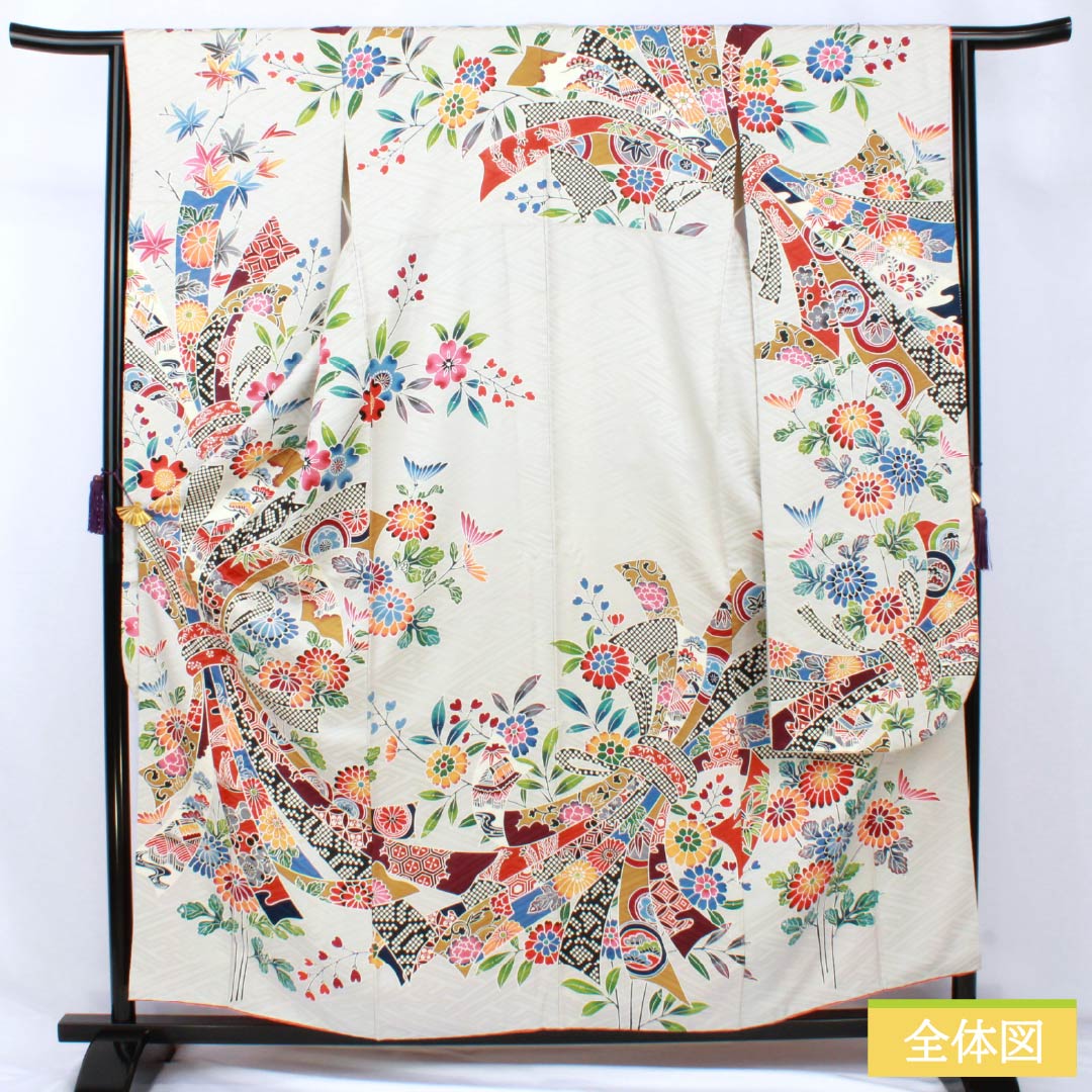 振袖 正絹 Sランク 身丈160.5cm 裄丈64cm 袷 銀白色(ぎんはくしょく) 京友禅 束ね熨斗 紗綾形 グレー系 1113002462422