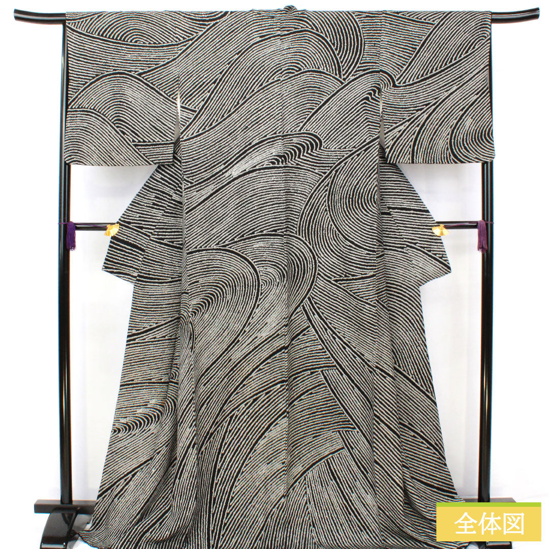 小紋 正絹 身丈171cm 裄丈67.5cm 袷 総絞り 波 Bランク 黒系 1115004724610