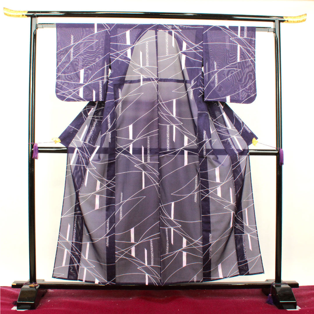 夏物 ポリエステル 小紋 身丈158.5cm 裄丈60.5cm 紫紺色(しこんいろ) 竹 しつけ糸付き 未使用品 絽 Sランク 紫系 1132000942320