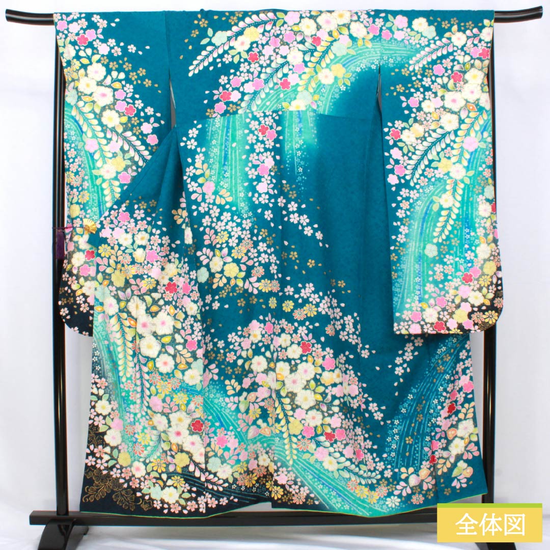 リサイクル着物】振袖 正絹 Sランク 身丈154cm 裄丈68cm 袷 孔雀青色