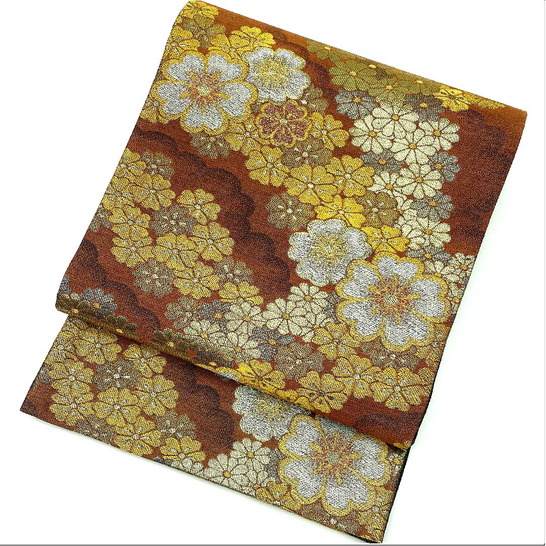 袋帯 雀色(すずめいろ) 小花 帯丈427cm 正絹 Sランク 六通 フォーマル 茶系 1123008382314