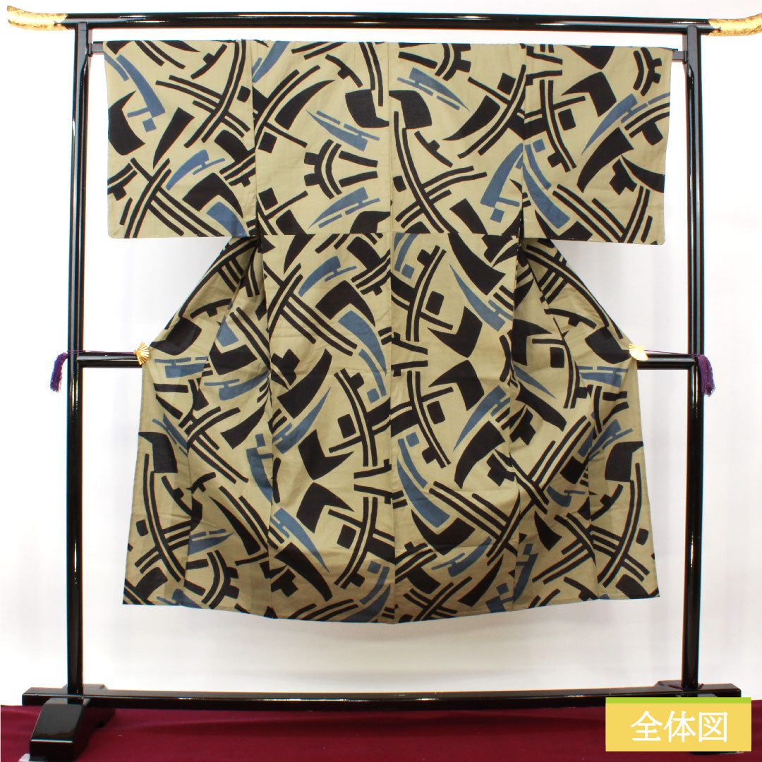 浴衣 木綿 身丈143cm 裄丈69cm Sランク 単衣 ベージュ系 江戸鼠色(えどねずいろ) 男物 抽象模様 1118005112425