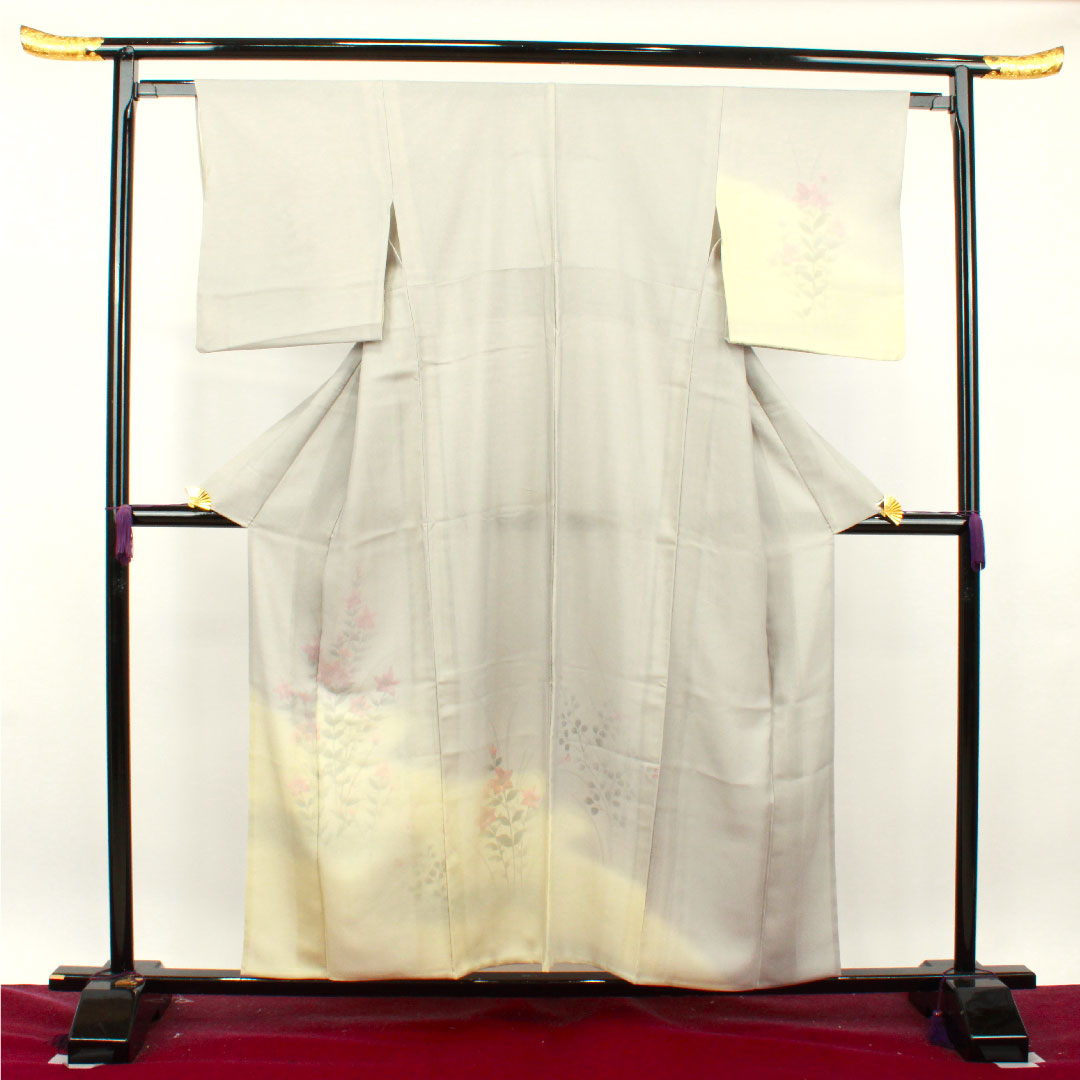 夏物 正絹 訪問着 身丈157cm 裄丈63.5cm 雲井鼠色(くもいねずいろ) 草花模様 二重紗 Aランク グレー系 1132001543322