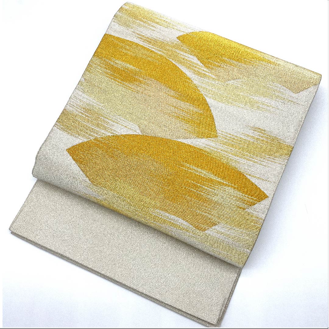 Silver-colored Fukuro Obi, Fan-shaped, Length 414cm, Pure Silk, S-Rank, Pointed Pattern, Formal, Silver-colored, 1123008082322