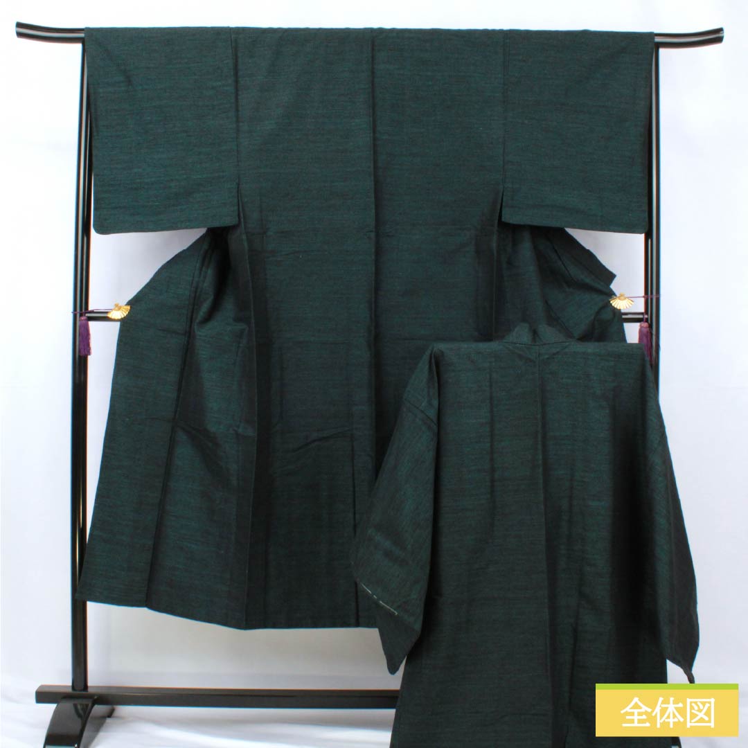 男物 正絹 Aランク 身丈139cm 裄丈66cm 高麗納戸色(こうらいなんどいろ) 紬地 アンサンブル 抽象模様 単衣 緑系 1119001333319
