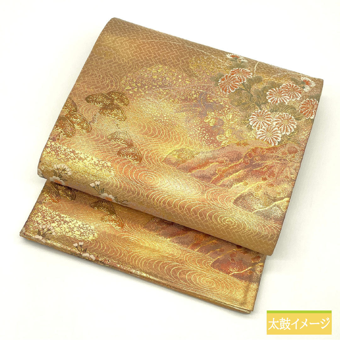 袋帯 正絹 Aランク 引箔 西陣織 流水 吉祥文様 帯丈436cm 六通 セミフォーマル グラデーション系 1123016463399