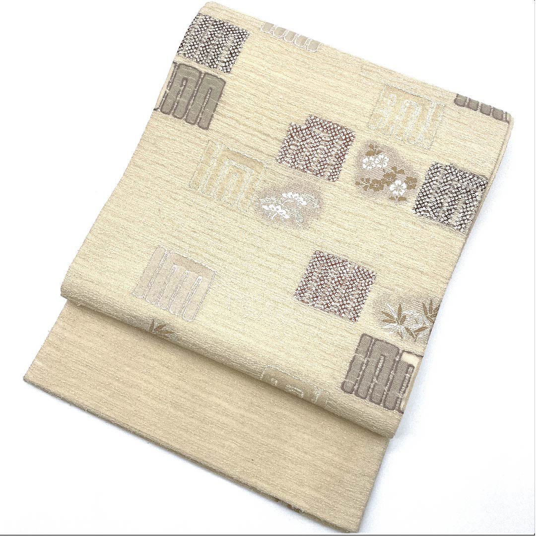 袋帯 生成り色(きなりいろ) 加納幸 源氏香 帯丈437cm 正絹 Sランク 六通 セミフォーマル ベージュ系 1123008612325