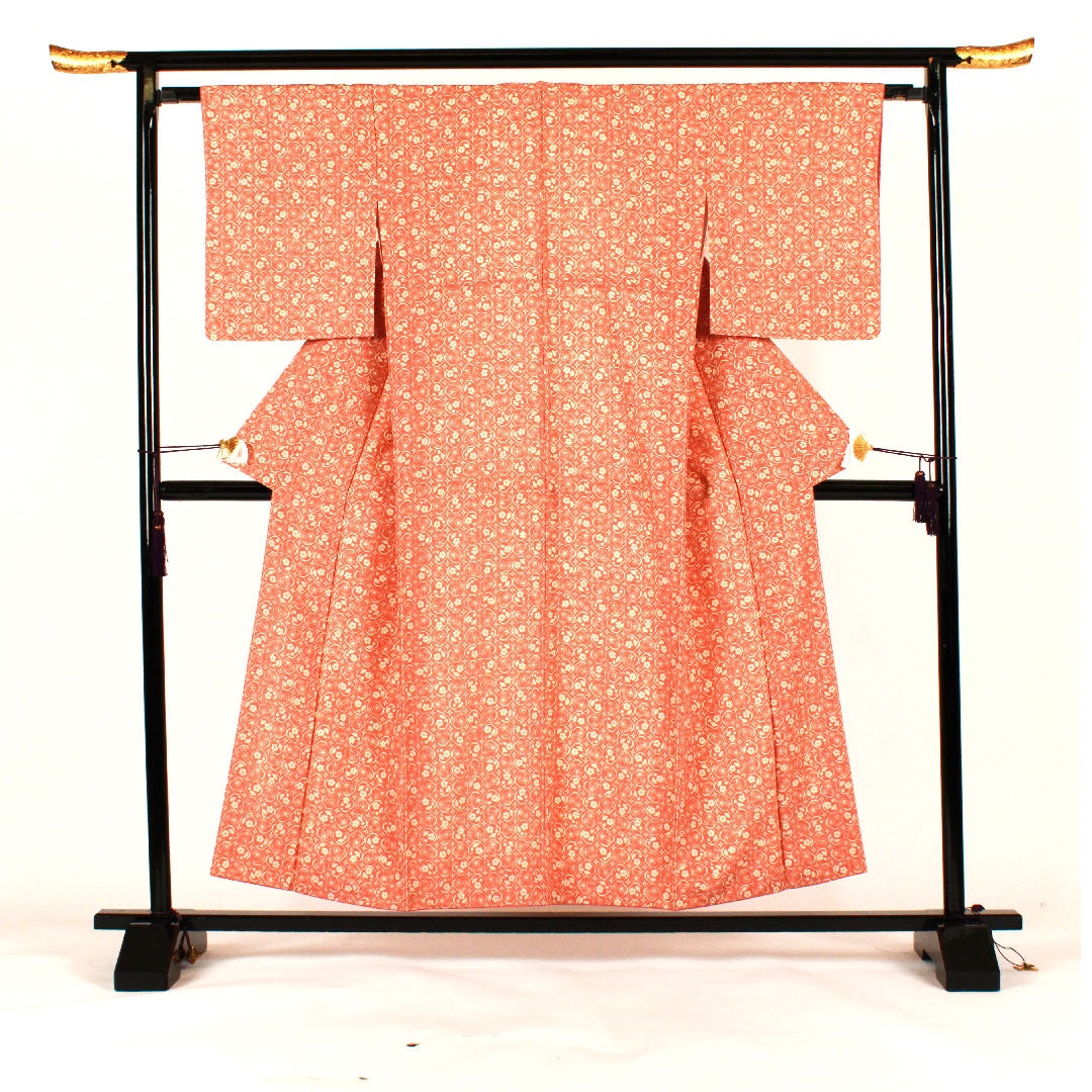 小紋 身丈155cm 裄丈63cm 袷 小花模様 洗える着物 ポリ Sランク ピンク系 1115000802313