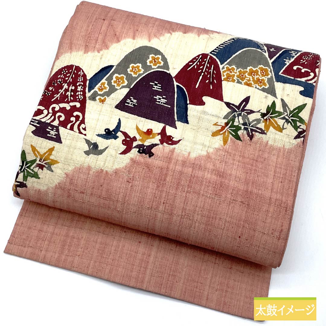 名古屋帯 鴇浅葱色(ときあさぎいろ) 型染 遠山 鳥 帯丈365cm 正絹 Aランク ポイント柄 カジュアル ピンク系 1124007803313 名古屋仕立て