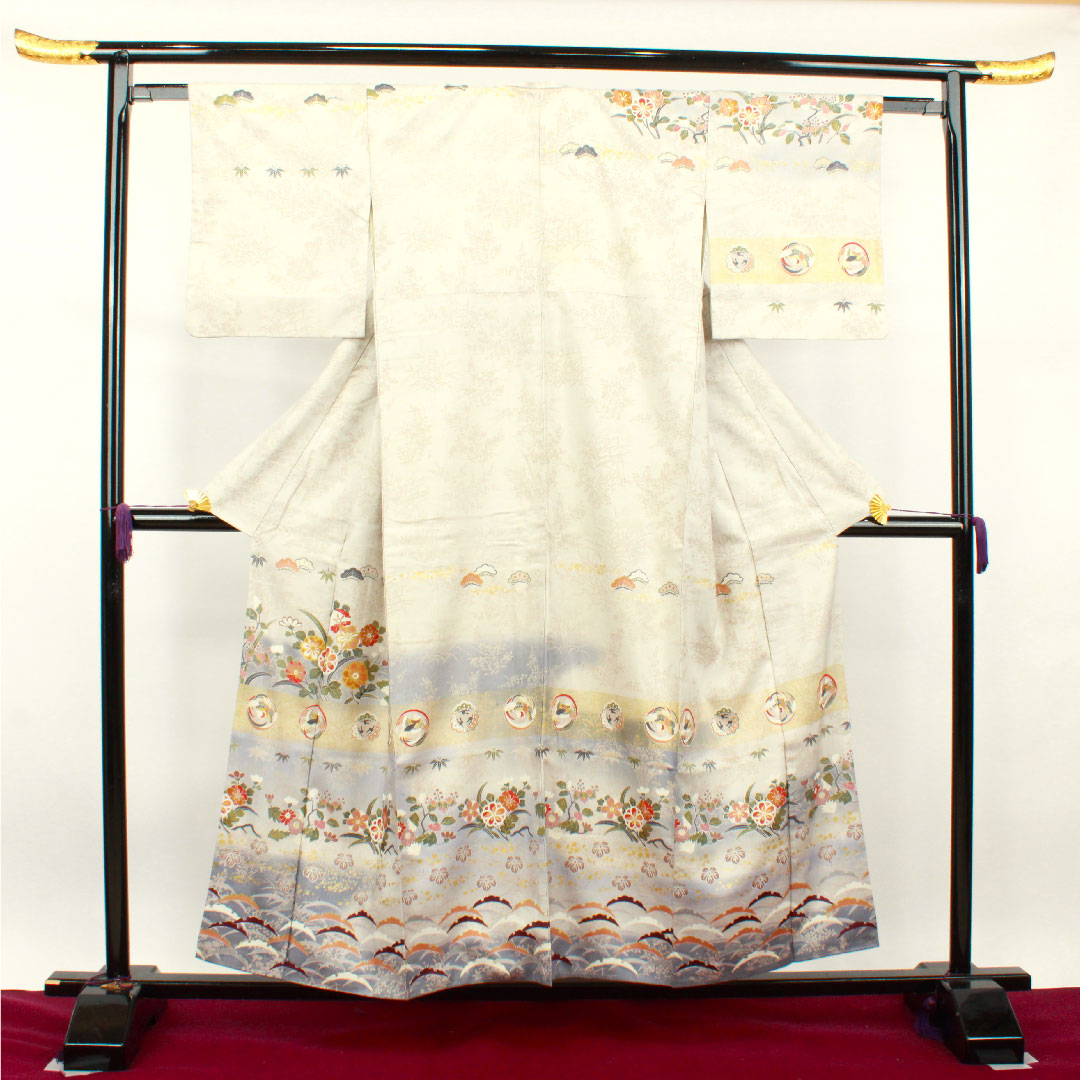 Homongi, pure silk, lined, length 155cm, sleeve length 61cm, cloud gray, Kyoto yuzen, bamboo, pine, crane, A rank, gray, 1112002923322
