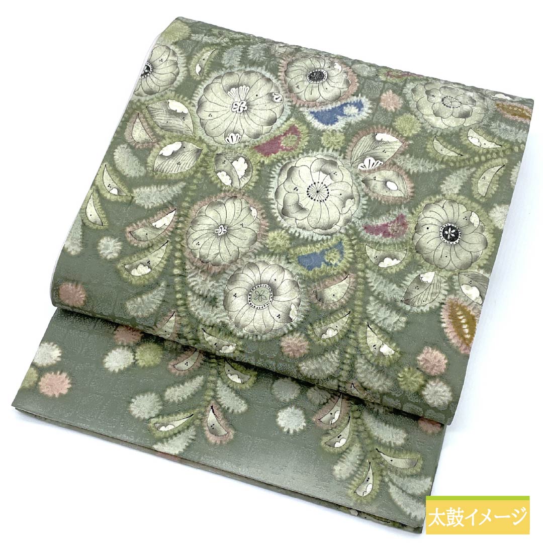 袋帯 正絹 青柳鼠色(あおやなぎねずいろ) 絞り 辻ヶ花 帯丈442cm Sランク ポイント柄 セミフォーマル 緑系 1123014842319